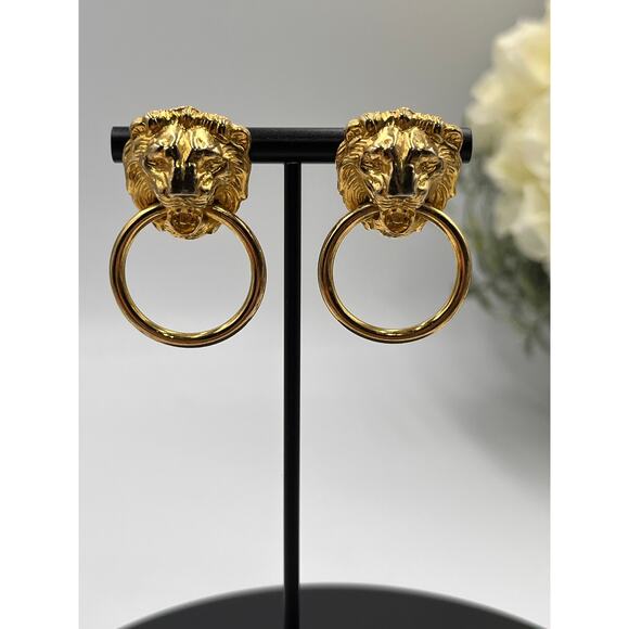 Vintage Lion Head Door Knocker Gold Tone Pierced Dangle Animal Earrings - Picture 7 of 8